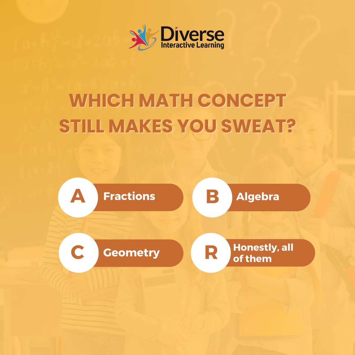 diverselearning's tweet image. Which math concept still brings the stress?
A) Fractions
B) Algebra
C) Geometry
D) All of it 😅
Drop your answer — we’ll help break it down!
📍Free math assessment: diverseilearning.com
#ConquerMath #ParentSupport