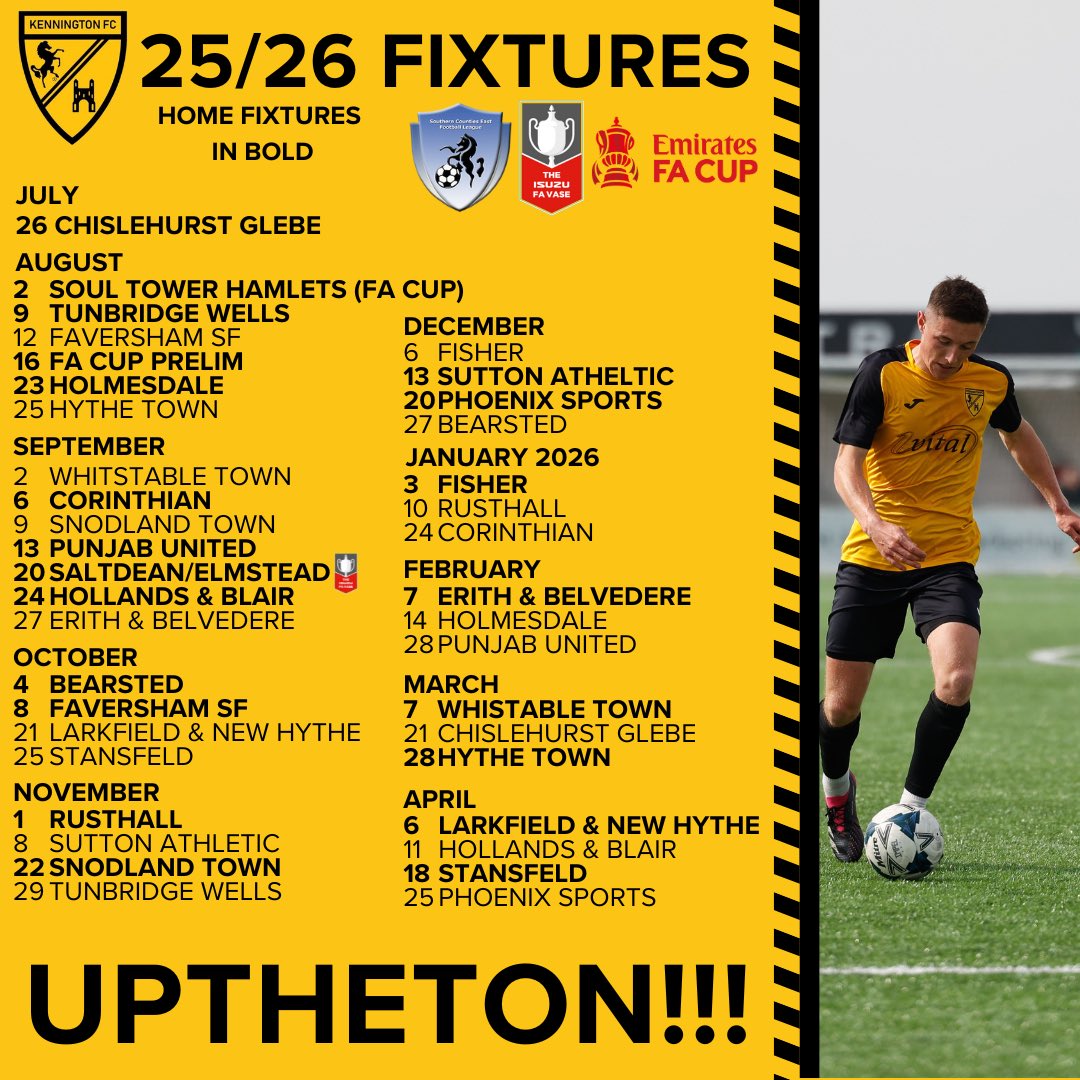 KenningtonFC's tweet image. The 25/26 @SCEFLeague fixtures have been released.
We will be starting our season by welcoming @glebefootball to Homelands and finishing with a trip to @phoenixsportsfc
#UPTHETON!! 🟡⚫️