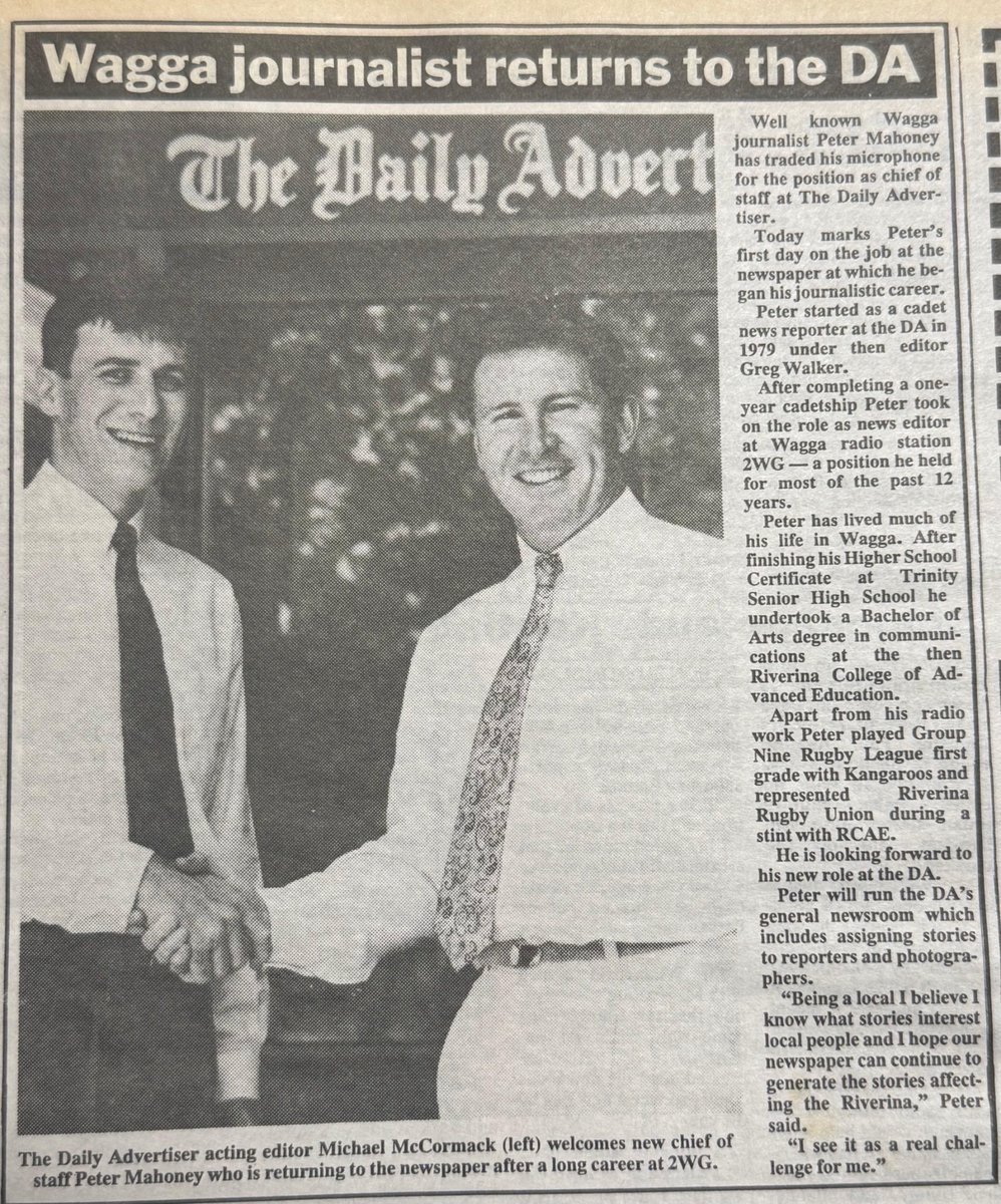 M_McCormackMP's tweet image. Big changes in the Riverina media landscape with two notables moving on … Peter Mahoney retiring after more than half a century in Riverina newspapers & radio & @WINNews_Riv cameraman James Saligari returning to Sydney to join @9NewsSyd. Thx & best wishes for the future to both.