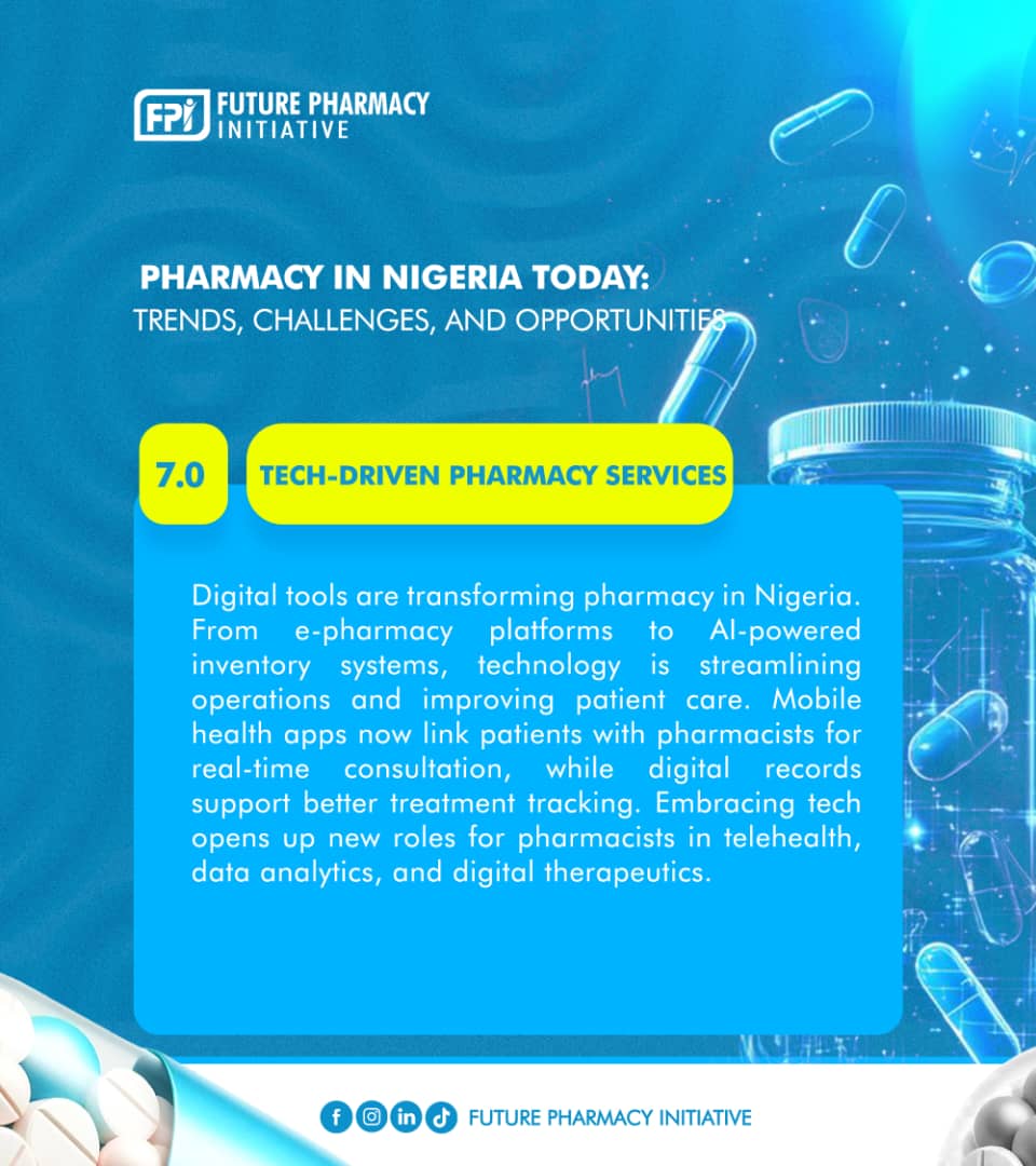Tech is transforming pharmacy in Nigeria!💊📲
From e-pharmacy platforms to AI and telehealth, pharmacists are stepping into new digital roles. The future is now. #PharmacyToday #FuturePharmacyInitiative #HealthTechNaija