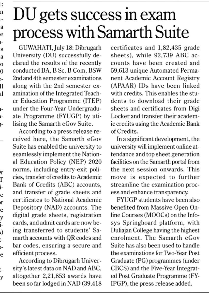 Ranoj Pegu (@ranojpeguassam) on Twitter photo I appreciate <a href="/DibruUniv/">Dibrugarh University</a> for successfully adopting the Samarth eGov Suiteâ bringing transparency and efficiency to the exam process! QR-enabled grade sheets, ABC credit transfers & APAAR integrationâ all aligned with NEP 2020.
<a href="/himantabiswa/">Himanta Biswa Sarma</a>
<a href="/CMOfficeAssam/">Chief Minister Assam</a> I appreciate <a href="/DibruUniv/">Dibrugarh University</a> for successfully adopting the Samarth eGov Suiteâ bringing transparency and efficiency to the exam process! QR-enabled grade sheets, ABC credit transfers & APAAR integrationâ all aligned with NEP 2020.
<a href="/himantabiswa/">Himanta Biswa Sarma</a>
<a href="/CMOfficeAssam/">Chief Minister Assam</a>