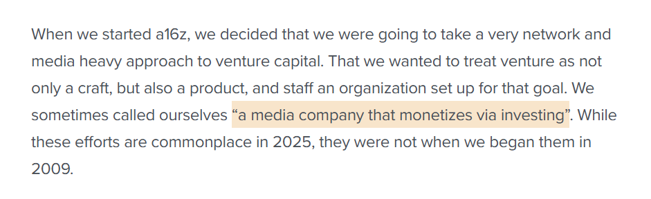 ayushpranav3's tweet image. according to @pmarca, “@a16z is a media company that monetises via investing”