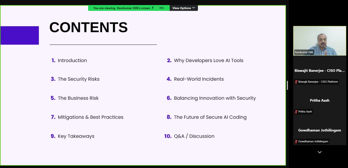 CISOPlatform's tweet image. We are LIVE!
Join us on CISO Platform Talks for an engaging session on: "AI Code Generation Risks: Balancing Innovation and Security"
Featuring:
- Ramkumar Dilli (Chief Information Officer, Myridius)
Join now: us06web.zoom.us/webinar/regist…
#AiRisks #CISO #AiCodeGeneration