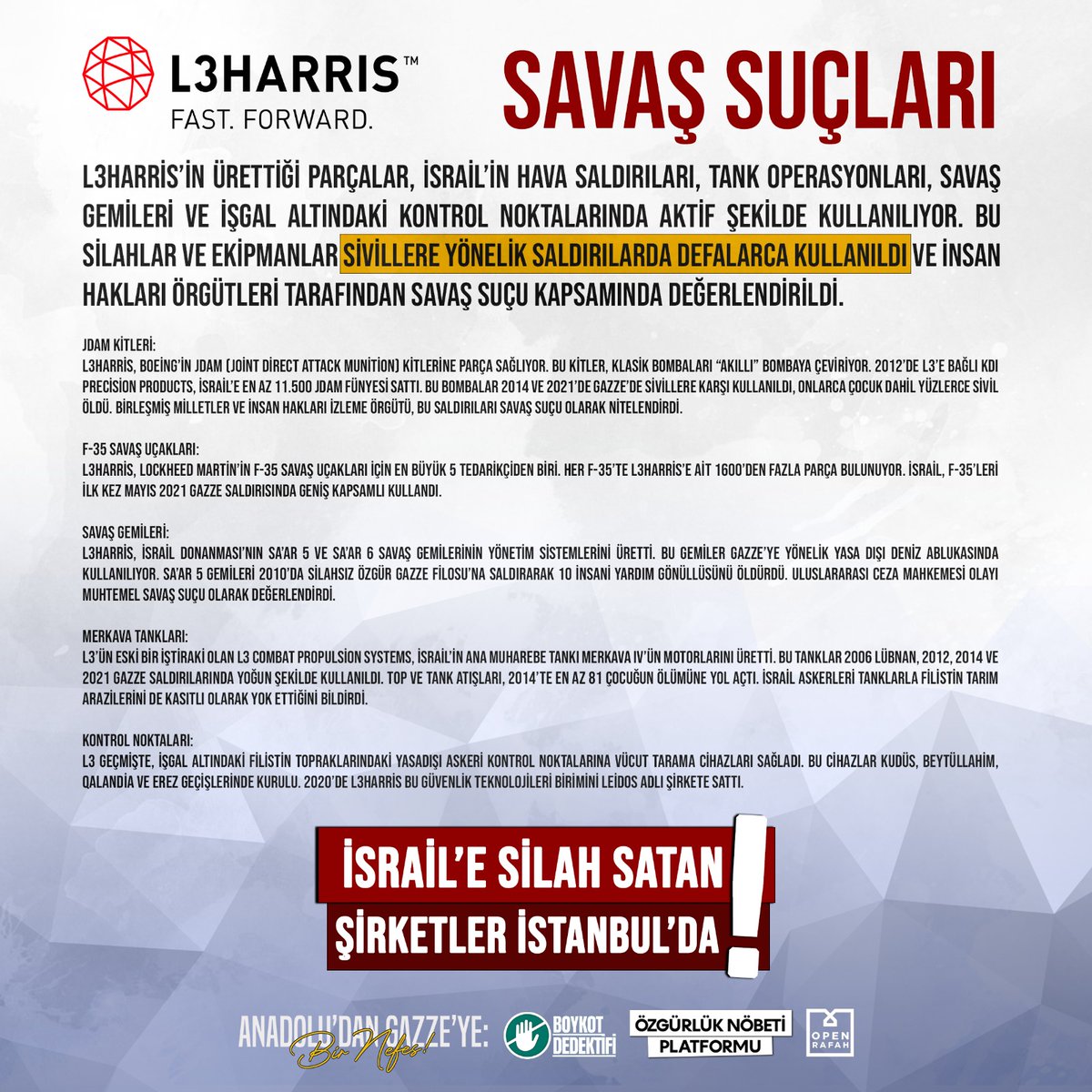 YETKİLİLERE AÇIK ÇAĞRIMIZDIR: IDEF 2025 FUARINDA İSRAİL'E SİLAH SATAN ŞİRKETLERE STAND AÇTIRMAYIN!

IDEF 2025 Savunma Sanayi Fuarı’nda stand açacak altı şirket, İsrail’in başlıca silah tedarikçileri arasında yer almaktadır.

Aşağıda bilgilerini paylaştığımız bu firmalar,