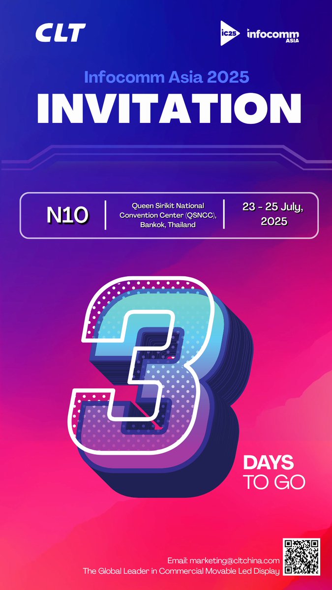 LedClt's tweet image. ⌛3-day countdown to Infocomm Asia, Visit us at Booth N10 and explore a world of unmatched display brilliance.

🗓️ July 23-25, 2025
📍 Queen Sirikit National Convention Center

#CLT #CLTLED #leddisplay #Thailand #Exhibition #ledsolution #ledposter #ledallinone