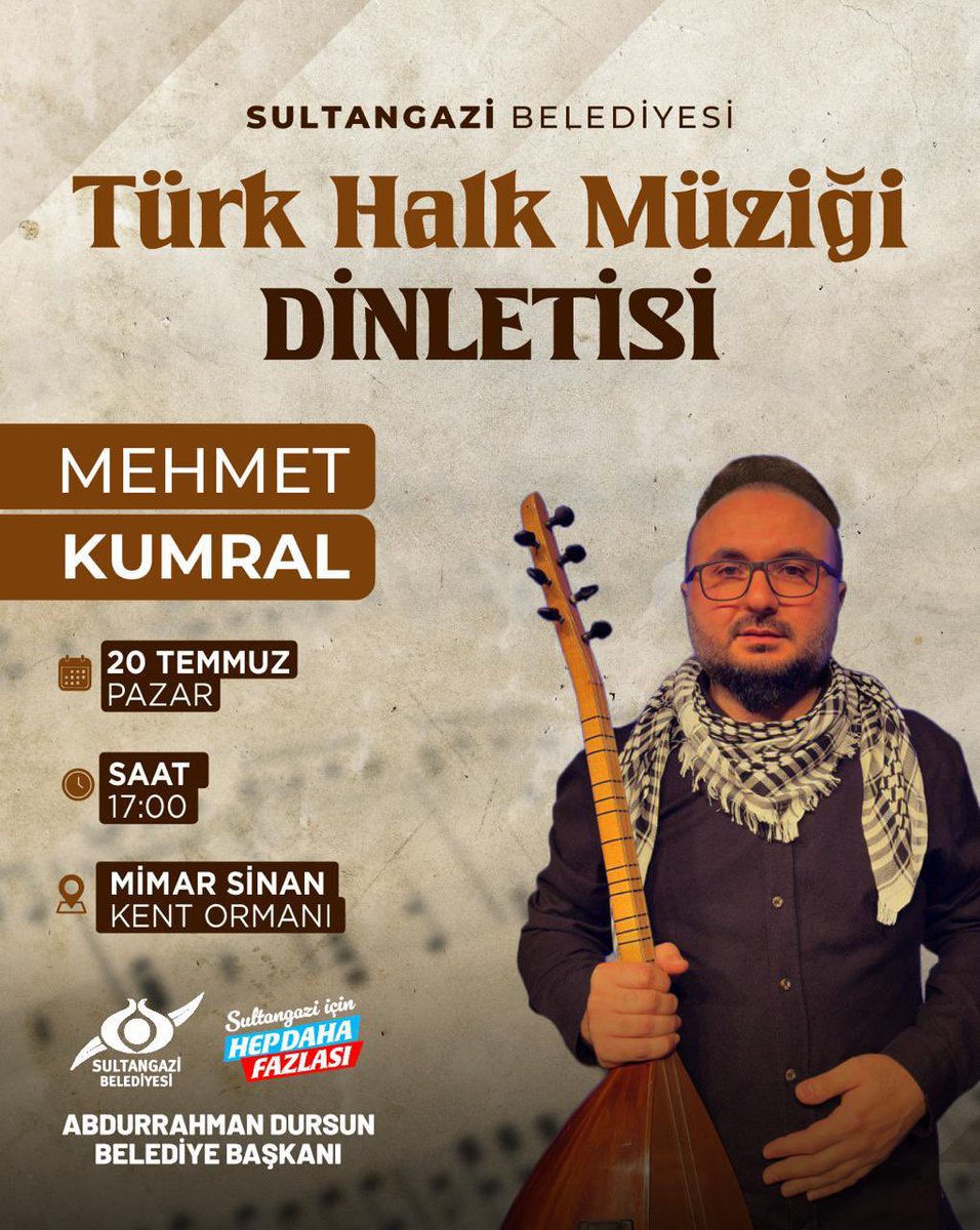 Kültür ve Sanat Etkinliklerimizde bu hafta Mehmet Kumral ile Türk Halk Müziği Dinletisi komşularımızla buluşuyor 🎶🎤

📆 20 Temmuz Pazar(Yarın)
⏰ 17.00
📍Mimar Sinan Şehir Ormanı