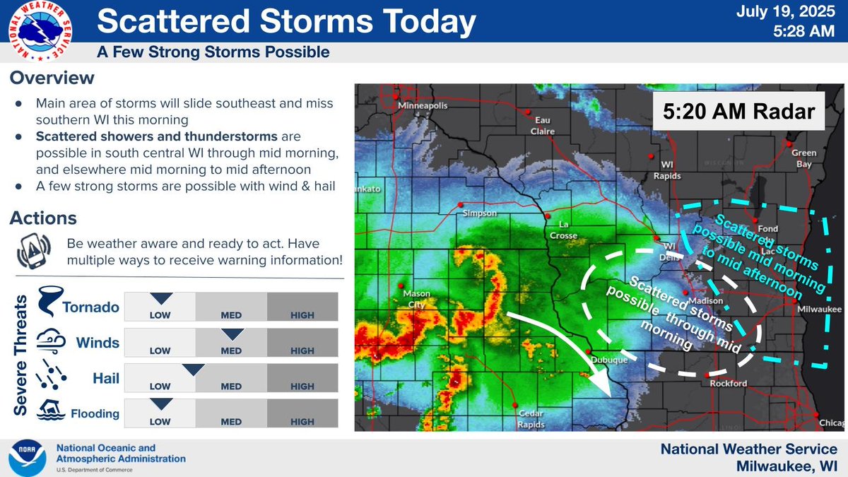 NWSMilwaukee's tweet image. Scattered showers and storms are possible through this evening. A few strong storms could produce gusty winds and hail. Any evening storm development will depend on our sky cover through mid afternoon. Keep an eye on the radar if you have outdoor plans today. #wiwx