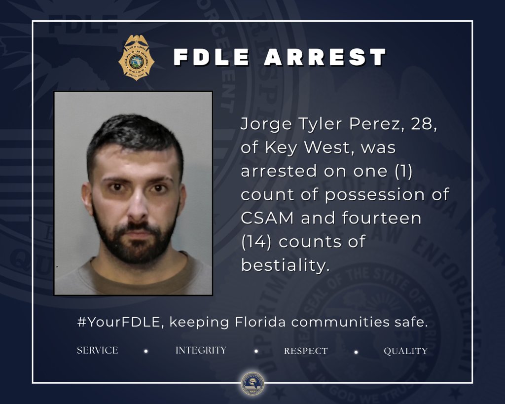 fdlepio's tweet image. Special Agents with FDLE Miami arrested Jorge Tyler Perez for possession of child sexual abuse material and 14 counts of bestiality.
FDLE is committed to finding criminals preying on the innocent, putting them behind bars where they belong.
You can read our news release here:…