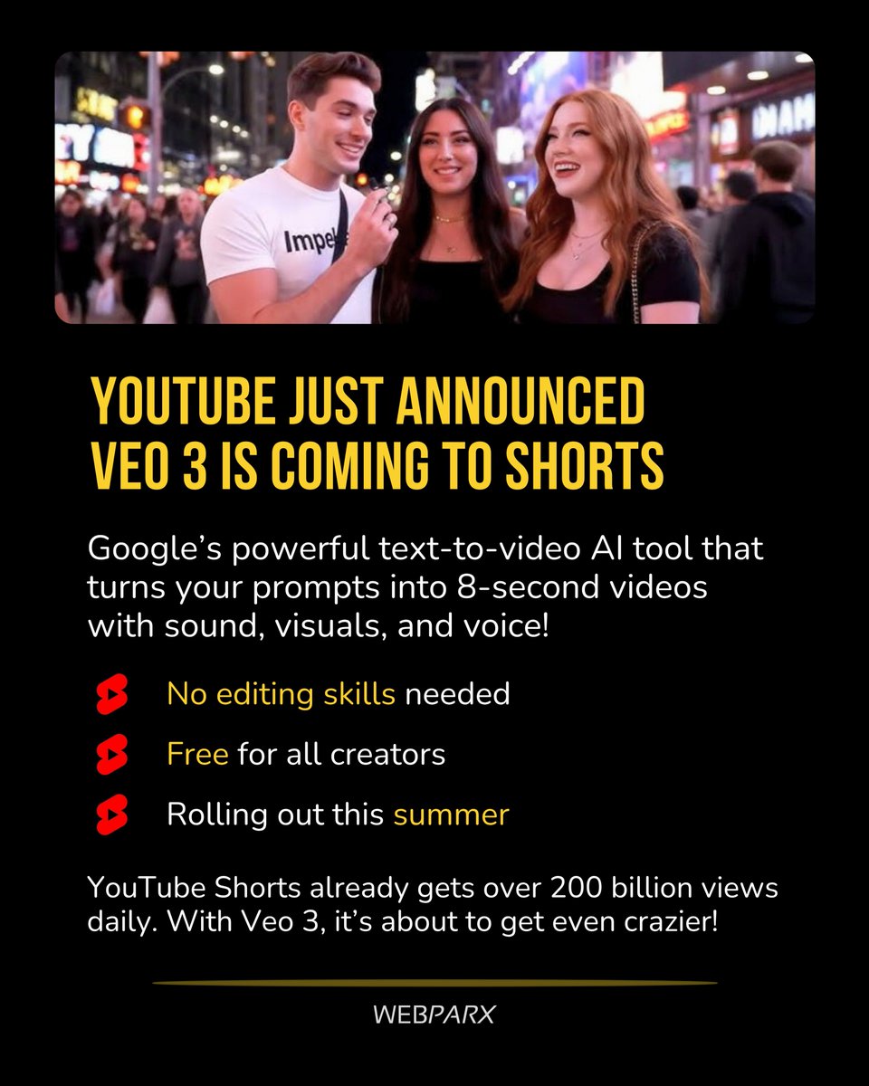 AI video creation is coming to YouTube Shorts with Veo 3, launching later this summer!

YouTube Shorts already gets over 200 billion daily views. With Veo 3, content creation is about to get even easier for everyone.