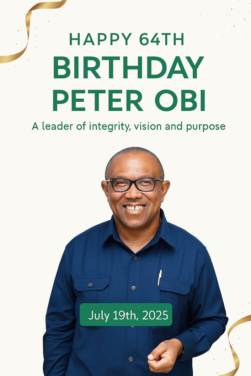 HAPPY BIRTHDAY <a href="/PeterObi/">Peter Obi</a> You are a visionary, disciplined, and transparent leader who inspires hope, prioritizes youth empowerment, economic reform, and accountability, embodying the values of a new, purpose-driven generation in Nigerian politics. #PeterObiAt64  #ObidientMovement