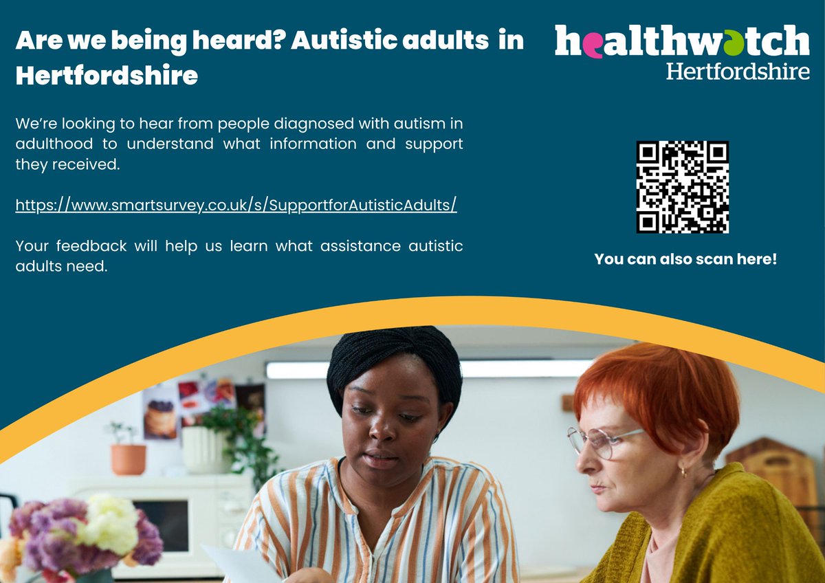 Too many autistic adults are left to navigate life after diagnosis without guidance or support.

Healthwatch Hertfordshire is working to change that – with your help.

🔗 buff.ly/fzK61Ui

Were you diagnosed as an adult? Please take our short survey and tell us what