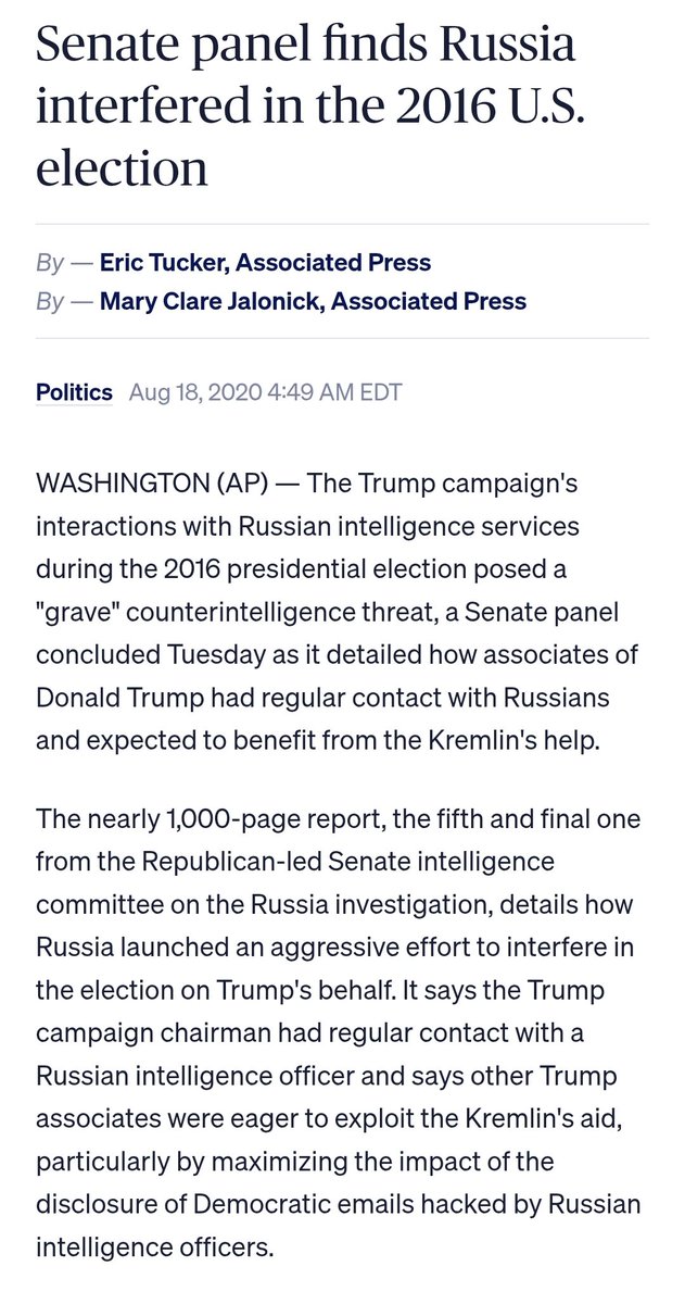 I see tulsi Gabbard is trying to distract everyone from the epstein files with the "russia, russia, russia" hoax. 

It's probably a good time to remind everyone that a republican led bipartisan committee spearheaded by Marco Rubio found russia DID interfere in the 2016 election.