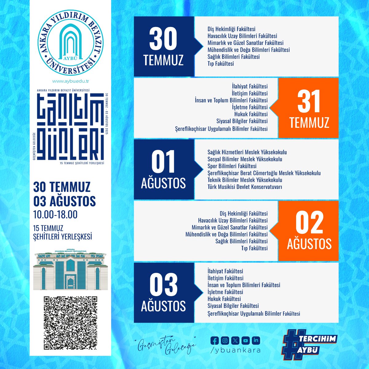 Ankara Yıldırım Beyazıt Üniversitesi (@ybuankara) on Twitter photo 📢#AYBÜ Tanıtım ve Tercih Günleri başlıyor...
🗓️30 Temmuz - 03 Ağustos tarihleri arasında tüm aday öğrencilerimizi Etlik 15 Temmuz Şehitleri Yerleşkemize bekliyoruz.
#AYBÜsenibekliyor
<a href="/acengizkoseoglu/">Ali Cengiz Köseoğlu</a> 📢#AYBÜ Tanıtım ve Tercih Günleri başlıyor...
🗓️30 Temmuz - 03 Ağustos tarihleri arasında tüm aday öğrencilerimizi Etlik 15 Temmuz Şehitleri Yerleşkemize bekliyoruz.
#AYBÜsenibekliyor
<a href="/acengizkoseoglu/">Ali Cengiz Köseoğlu</a>