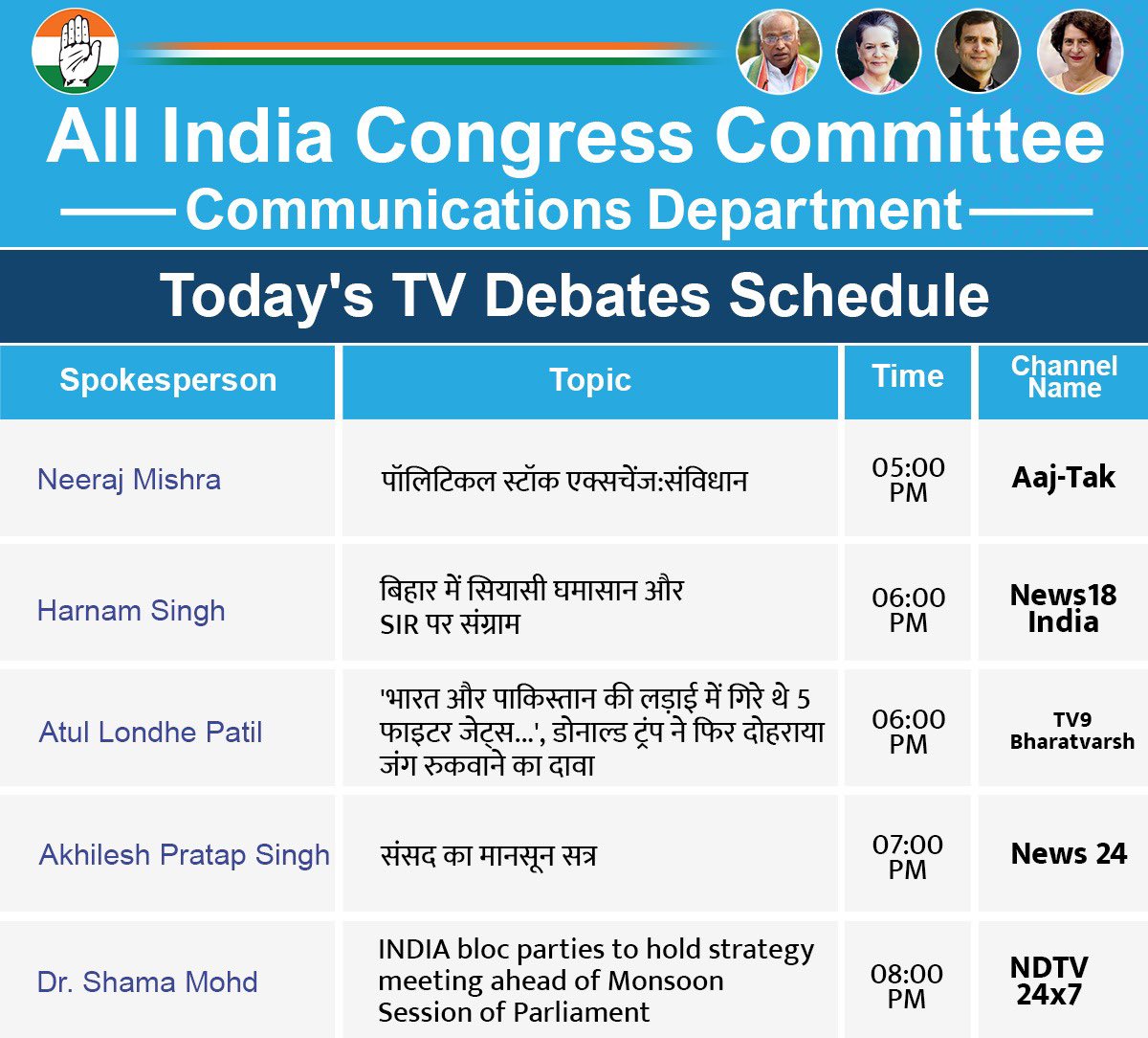 AICC Communications (@aiccmedia) on Twitter photo भारतीय राष्ट्रीय कांग्रेस की ओर से आज टेलीविज़न बहसों में निम्नलिखित प्रवक्ता पार्टी का प्रतिनिधित्व करेंगे।
<a href="/Neerajmishra/">नीरज मिश्रा 🇮🇳</a> with <a href="/sahiljoshii/">Sahil Joshi</a> on <a href="/aajtak/">AajTak</a>
<a href="/harnamsingh5968/">HARNAM SINGH (हरनाम सिंह)</a> with <a href="/prateektv/">Prateek Trivedi</a> on <a href="/News18India/">News18 India</a>
<a href="/atullondhe/">Atul Londhe Patil (INDIA Ka Parivar)🇮🇳</a> with <a href="/PadmajaJoshi/">Padmaja Joshi</a> on <a href="/TV9Bharatvarsh/">TV9 Bharatvarsh</a>
<a href="/AkhileshPSingh/">Akhilesh P. Singh</a> with भारतीय राष्ट्रीय कांग्रेस की ओर से आज टेलीविज़न बहसों में निम्नलिखित प्रवक्ता पार्टी का प्रतिनिधित्व करेंगे।
<a href="/Neerajmishra/">नीरज मिश्रा 🇮🇳</a> with <a href="/sahiljoshii/">Sahil Joshi</a> on <a href="/aajtak/">AajTak</a>
<a href="/harnamsingh5968/">HARNAM SINGH (हरनाम सिंह)</a> with <a href="/prateektv/">Prateek Trivedi</a> on <a href="/News18India/">News18 India</a>
<a href="/atullondhe/">Atul Londhe Patil (INDIA Ka Parivar)🇮🇳</a> with <a href="/PadmajaJoshi/">Padmaja Joshi</a> on <a href="/TV9Bharatvarsh/">TV9 Bharatvarsh</a>
<a href="/AkhileshPSingh/">Akhilesh P. Singh</a> with