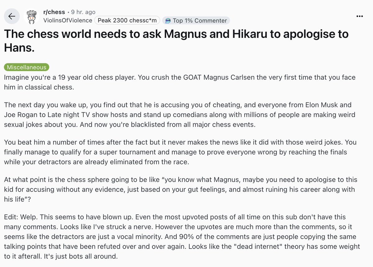 attackingchess's tweet image. Imagine beating Magnus Carlsen at 19, then waking up to the entire world accusing you of cheating, fueled by vibes and memes.
Years later, you prove yourself again and again. Still no apology. Maybe it’s time the chess world asked Magnus & Hikaru to say sorry to Hans Niemann.