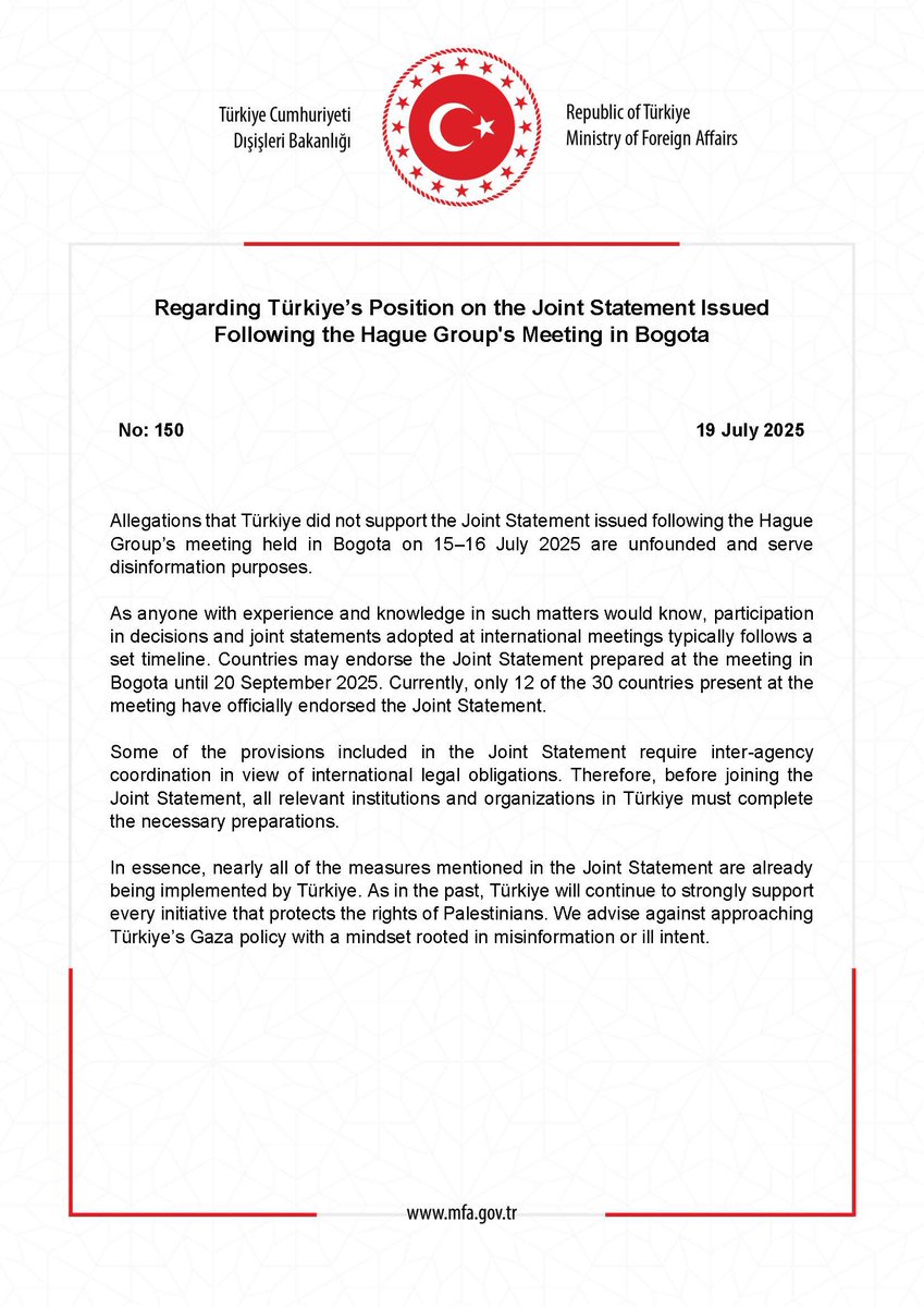 MFATurkiye's tweet image. Regarding Türkiye’s Position on the Joint Statement Issued Following the Hague Group's Meeting in Bogota mfa.gov.tr/no_-150_-lahey…