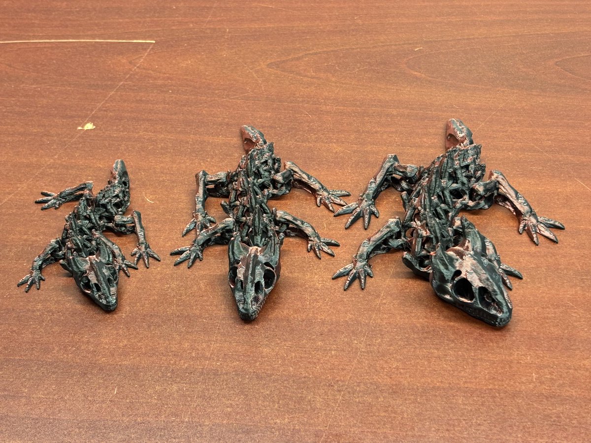 Made these articulated iridescent dragon skeletons on the 3d printer in my engineering department at work.  They’re so cool.  Small, medium and large, one for each of the Godkids.  😑