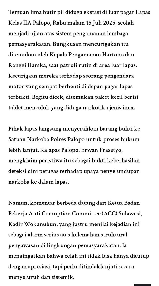 ACC sulawesi : kejadian ini menjadi alarm serius terhadap lemahnya sistem keamanan di lingkungan lembaga pemasyarakatan 

kedai-berita.com/2025/07/19/eks…