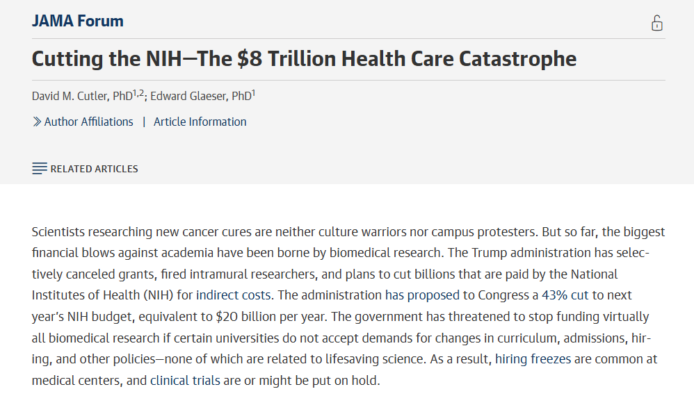 JAMAHealthForum's tweet image. Most viewed this week from @JAMAHealthForum:
This JAMA Forum discusses the recent budget cuts to the @NIH, the effects of these cuts on scientific research and health of individuals in the US, & the prospects for changes to Trump administration policies.
ja.ma/4m1mTQT