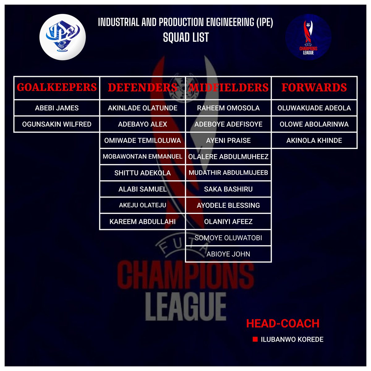 FUTA_CL's tweet photo. INDUSTRIAL & PRODUCT (IPE) Squad is LIVE!
Ready to dissect the competition and pump victory through the veins of the FUTA Champions League! 💉⚽
🔥 Meet the team representing precision, grit, and passion.
📸 Full Squad List Below 👇
#IPEFC #FUTAChampionsLeague #FUTACL #FCL https://t.co/4IqmVFJU6R