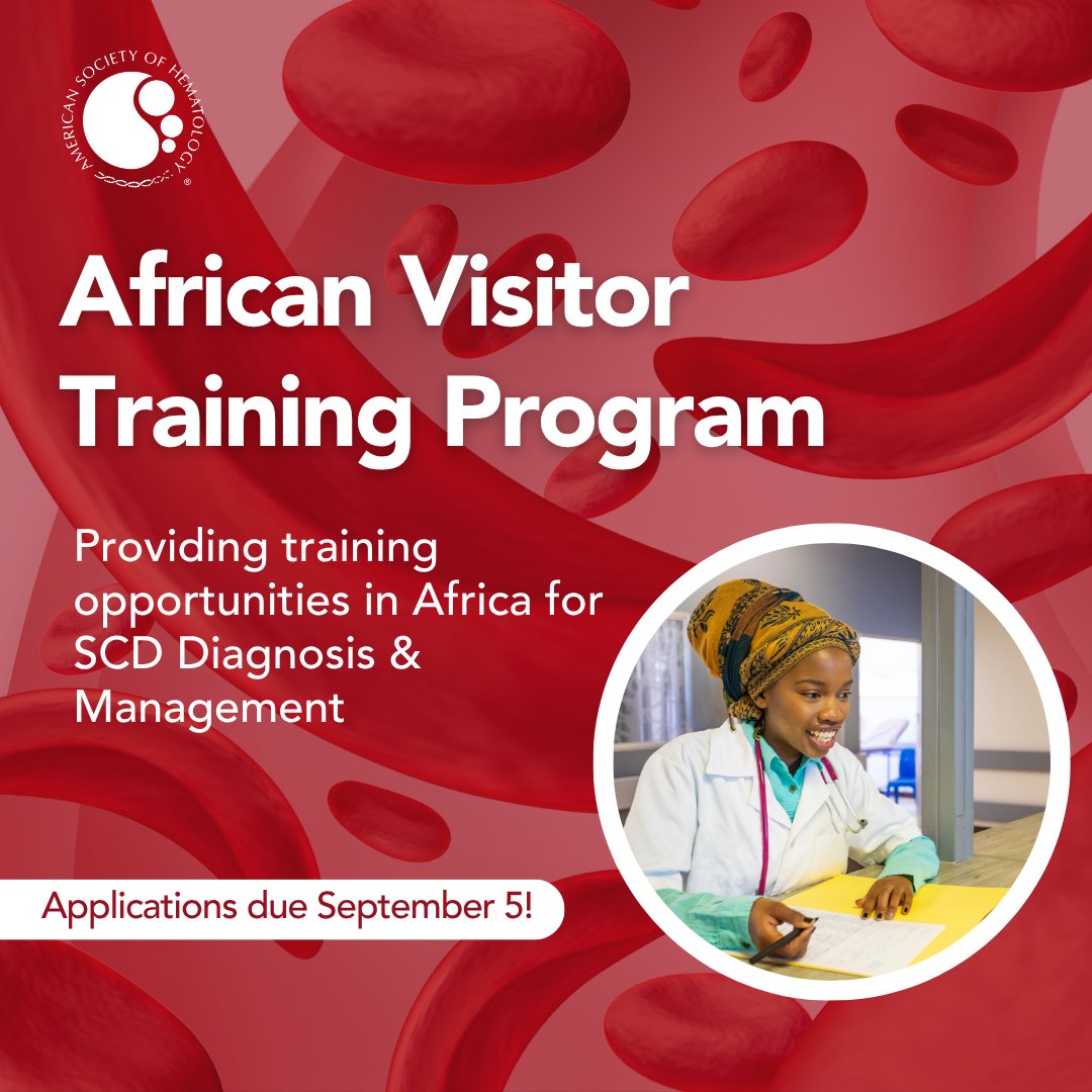 ASH_hematology's tweet image. Reminder! Applications for the African Visitor Training Program (AVTP) are open.
If you work in hematology across Africa, this is your chance to receive 12 weeks of training in #SickleCell Disease diagnosis and management.
🔗 ow.ly/Tqnr50WqIRn