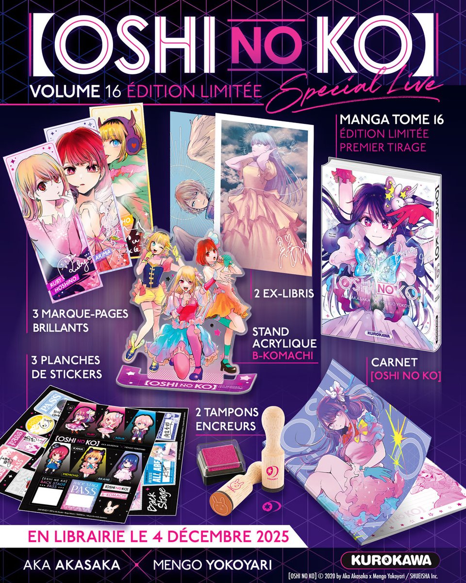 Kurokawa's tweet image. ANNONCE 📢 Pour fêter la fin d'[Oshi no Ko], on vous propose LE #COLLECTOR ULTIME 💎

📌 le tome 16 et sa jaquette holographique 1er tirage  🌟
📌 un stand acrylique des B-Komachi 👯‍♀️
📌 3 marque-pages brillants ✨
📌 3 planches de stickers 🌠
(...)