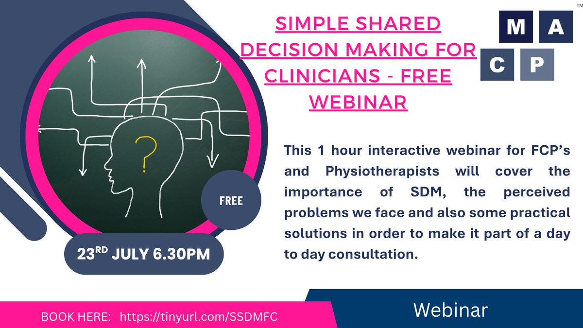 MACP (@physiomacp) on Twitter photo Don't forget to sign up for our next FREE webinar this coming Wednesday! Join <a href="/PTcoachAID/">David Alderson</a> to discuss simple shared decision making in clinical encounters. Valuable for all clinicians. This is open to all. For more information, please see link below where you can also sign up: Don't forget to sign up for our next FREE webinar this coming Wednesday! Join <a href="/PTcoachAID/">David Alderson</a> to discuss simple shared decision making in clinical encounters. Valuable for all clinicians. This is open to all. For more information, please see link below where you can also sign up: