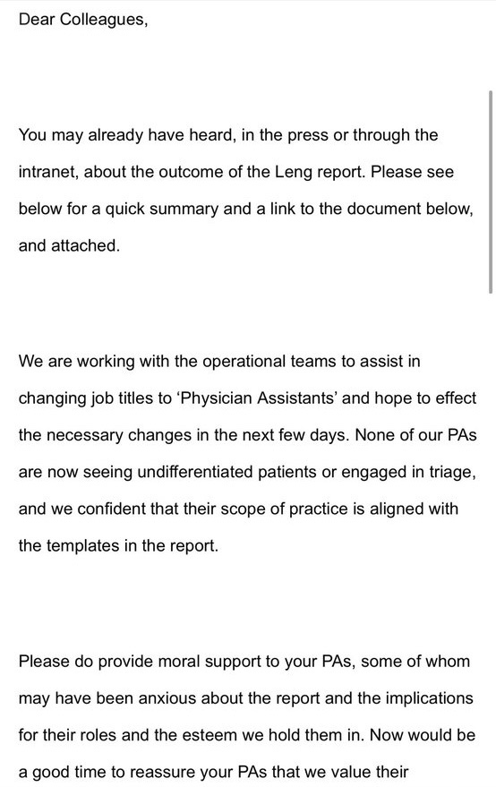 Megsenmumdr's tweet image. I would like to extend my moral support to all the Physician Assistants at @LG_NHS as they now work in supportive roles, no longer seeing undifferentiated patients, not work as Dr substitutes, have a named Consultant or SAS Dr who supervises ALL their โday to dayโ work