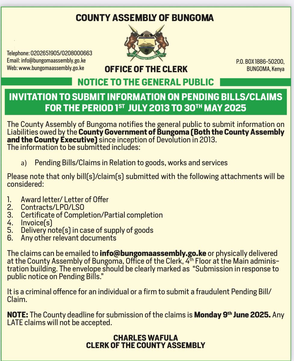I wish to commend the Bungoma County Assembly for taking a bold and commendable step in enhancing transparency by publishing last month a public Invitation to Submit Information on Pending Bills accrued between 1st July 2013 and 30th May 2025.

This is a shining example of
