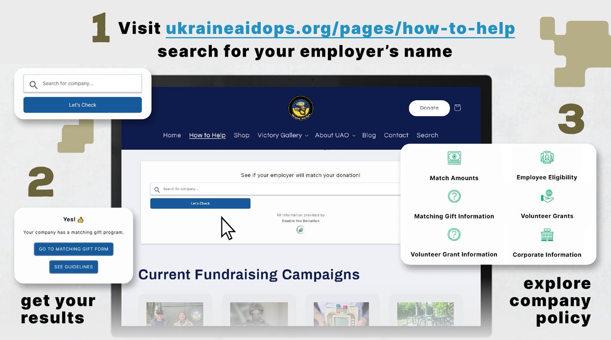 UkraineAidOps's tweet image. Do you donate regularly to UAO 🤔? Please check whether your employer offers a matching program❤️🔥
Many employers match donations to registered 501(c)(3) charities (like ours) - DOUBLING the impact of your donation💪
➡️ ukraineaidops.org/pages/how-to-h…