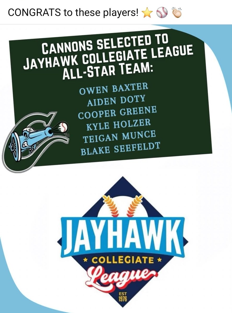 TeiganMunce's tweet image. Super excited to be selected for the Jayhawk Collegiate All-Star team! I had a great summer playing for the Cannons!
#rollCannons