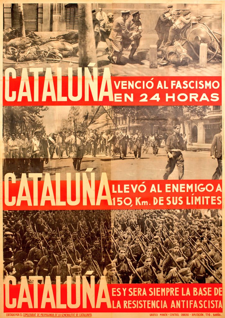manelmarquez's tweet image. El 19 de juliol de 1936, fa 89 anys avui, la Catalunya obrera i popular organitzada al voltant de la CNT va derrotar al feixisme.
Caralunya va ser, és i serà la tomba del feixisme.
Ara més que mai!
Cartell del Comissariat de propaganda de la Generalitat de Catalunya.