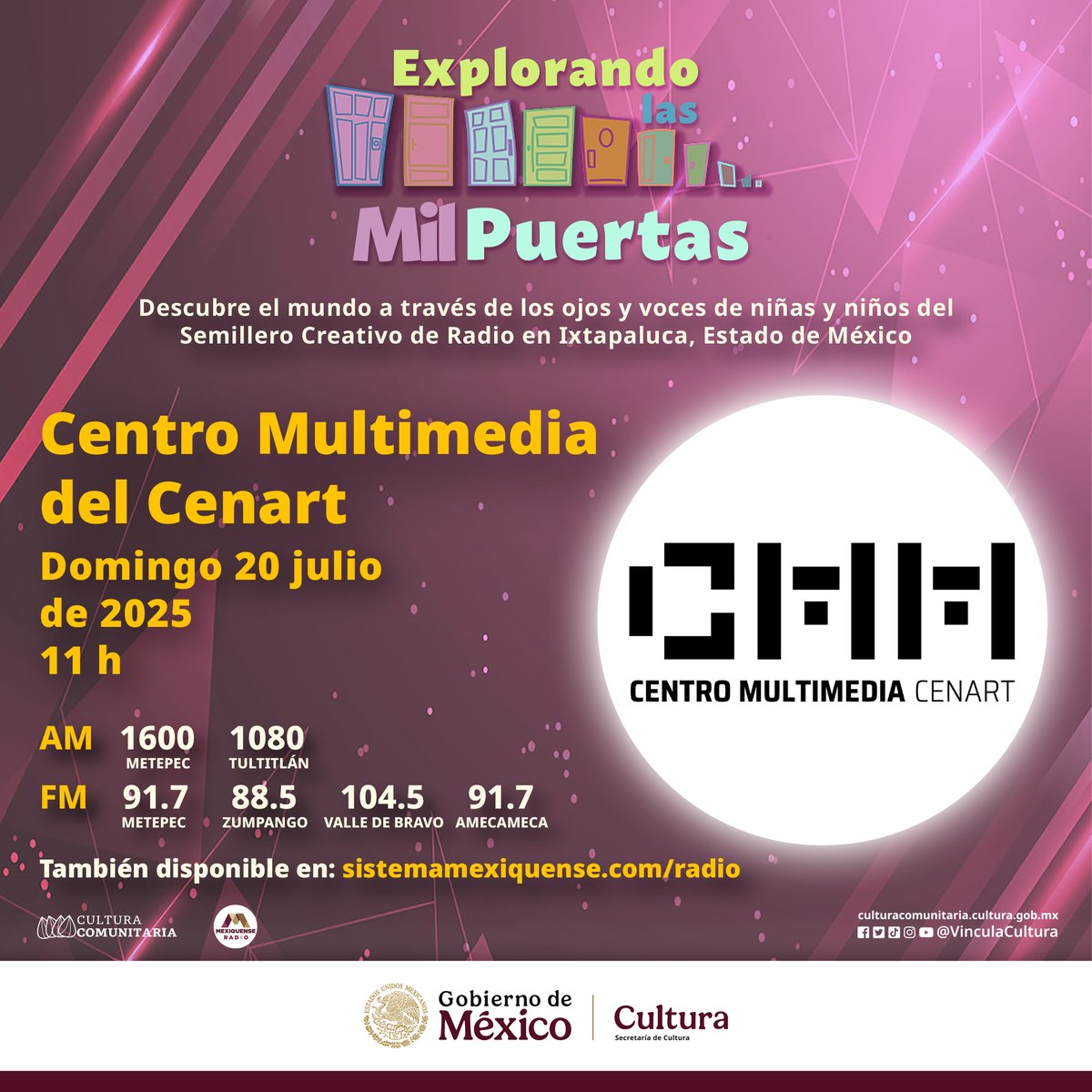 Vinculación Cultural (@vinculacultura) on Twitter photo El <a href="/cmm_cenart/">Centro Multimedia del Cenart</a> es un espacio dedicado a la experimentación, formación e investigación del arte y la tecnología.
Mañana, tendrás más información de la mano del #SemilleroCreativo en Ixtapaluca,👧🏾👦🏽🎤🎧
🎧📻 Sintoniza #ExplorandoLasMilPuertas en <a href="/MexiquenseR/">Mexiquense Radio</a>
#CulturaComunitaria El <a href="/cmm_cenart/">Centro Multimedia del Cenart</a> es un espacio dedicado a la experimentación, formación e investigación del arte y la tecnología.
Mañana, tendrás más información de la mano del #SemilleroCreativo en Ixtapaluca,👧🏾👦🏽🎤🎧
🎧📻 Sintoniza #ExplorandoLasMilPuertas en <a href="/MexiquenseR/">Mexiquense Radio</a>
#CulturaComunitaria