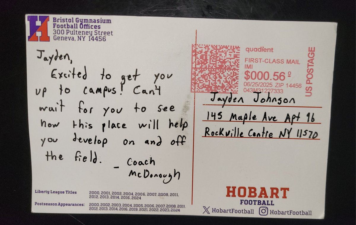 Jayden Johnson (@johnsonjay52) on Twitter photo Thank you <a href="/KJMcDonough/">Kevin McDonough</a> for the personal letter, can't wait to be up on campus tomorrow and compete <a href="/HobartFootball/">Hobart Football</a> Thank you <a href="/KJMcDonough/">Kevin McDonough</a> for the personal letter, can't wait to be up on campus tomorrow and compete <a href="/HobartFootball/">Hobart Football</a>