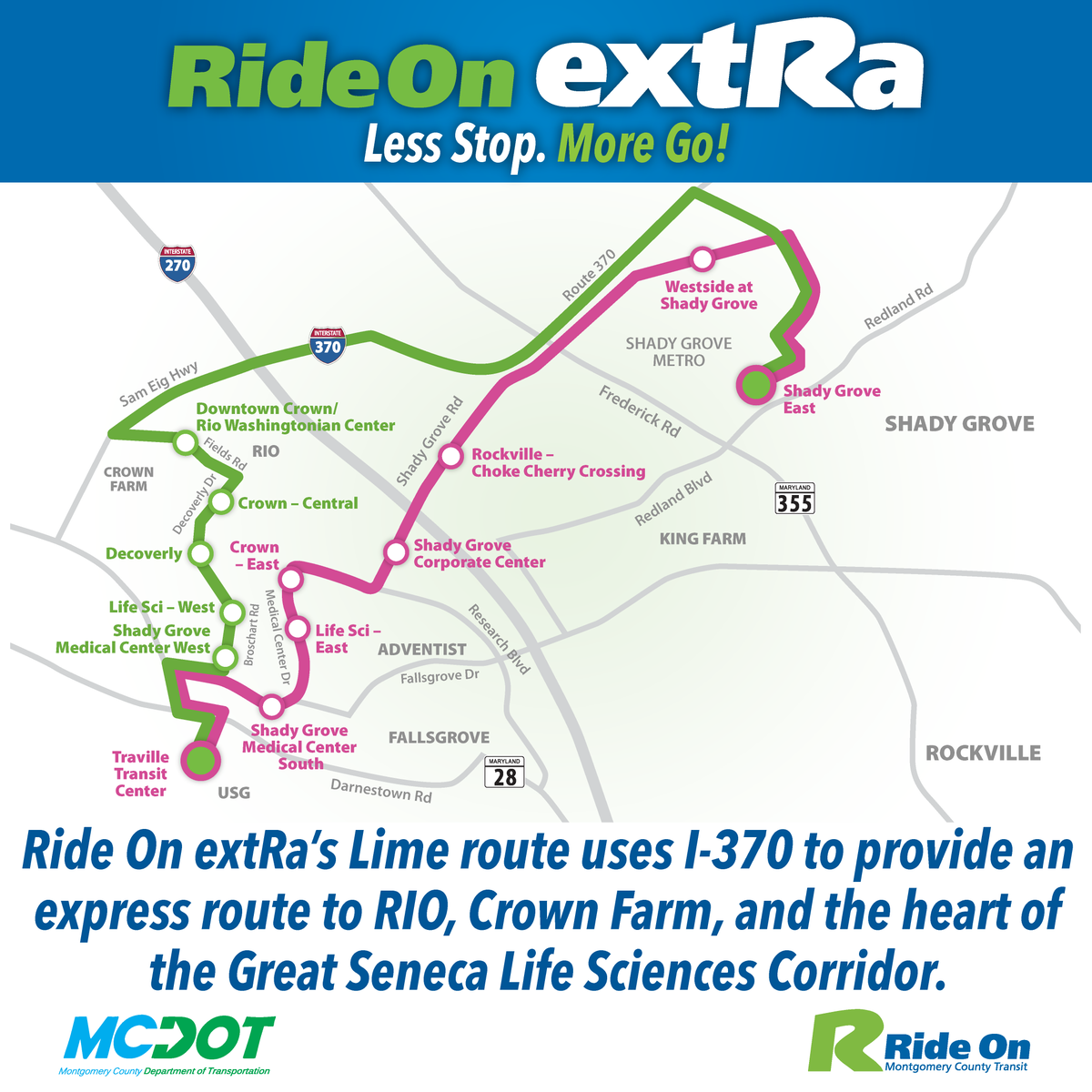 RideOnMCT's tweet image. Ride On extRa lime and pink routes have received a 2025 National Association of Counties (NACo) Achievement award! We're proud that these routes bring accessible & efficient transit to the life sciences corridor. Celebrate with us and ride the pink & lime routes today! @mcdotnow
