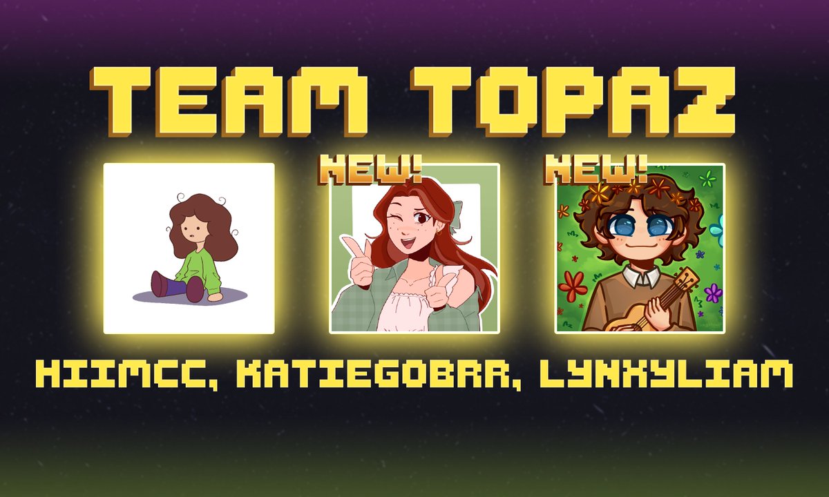 We Make Cool Things (@wmct_) on Twitter photo Say hi to Team Topaz! Featuring <a href="/DrawnbyCC/">HiImCC</a>, <a href="/KatieGoBrr/">KatieGoBrr 🌷</a>, and <a href="/LynxyLiam/">LynxyLiam @ Joy and Whimsy HQ</a>! See them play on Saturday, July 26th, at 3 PM EST. Say hi to Team Topaz! Featuring <a href="/DrawnbyCC/">HiImCC</a>, <a href="/KatieGoBrr/">KatieGoBrr 🌷</a>, and <a href="/LynxyLiam/">LynxyLiam @ Joy and Whimsy HQ</a>! See them play on Saturday, July 26th, at 3 PM EST.