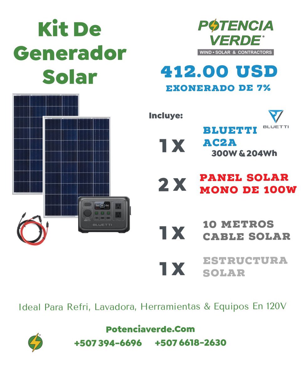 ☀️⚡️🔋Generador Solar De 300W. Adquiérelo solo desde 164.00USD o en varias alternativas de KIT con sus paneles solares, estructura para techo y extensión de cable solar. 

Energía en tus manos. 
PotenciaVerde.com/energy-shop

+507 6618-2630