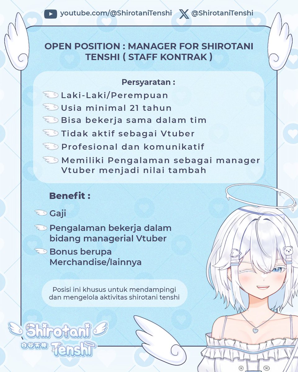 【☁️✨ OPEN RECRUITMENT ✨☁️】

Sebuah panggilan lembut dari langit...?!
🌤️ Shirotani Tenshi sedang mencari Manager Kontrak untuk mendampingi langkahnya dari balik awan.

Apakah kamu sosok yang bisa membantunya bersinar lebih terang? 💫

📩 Daftar sekarang:
🔗