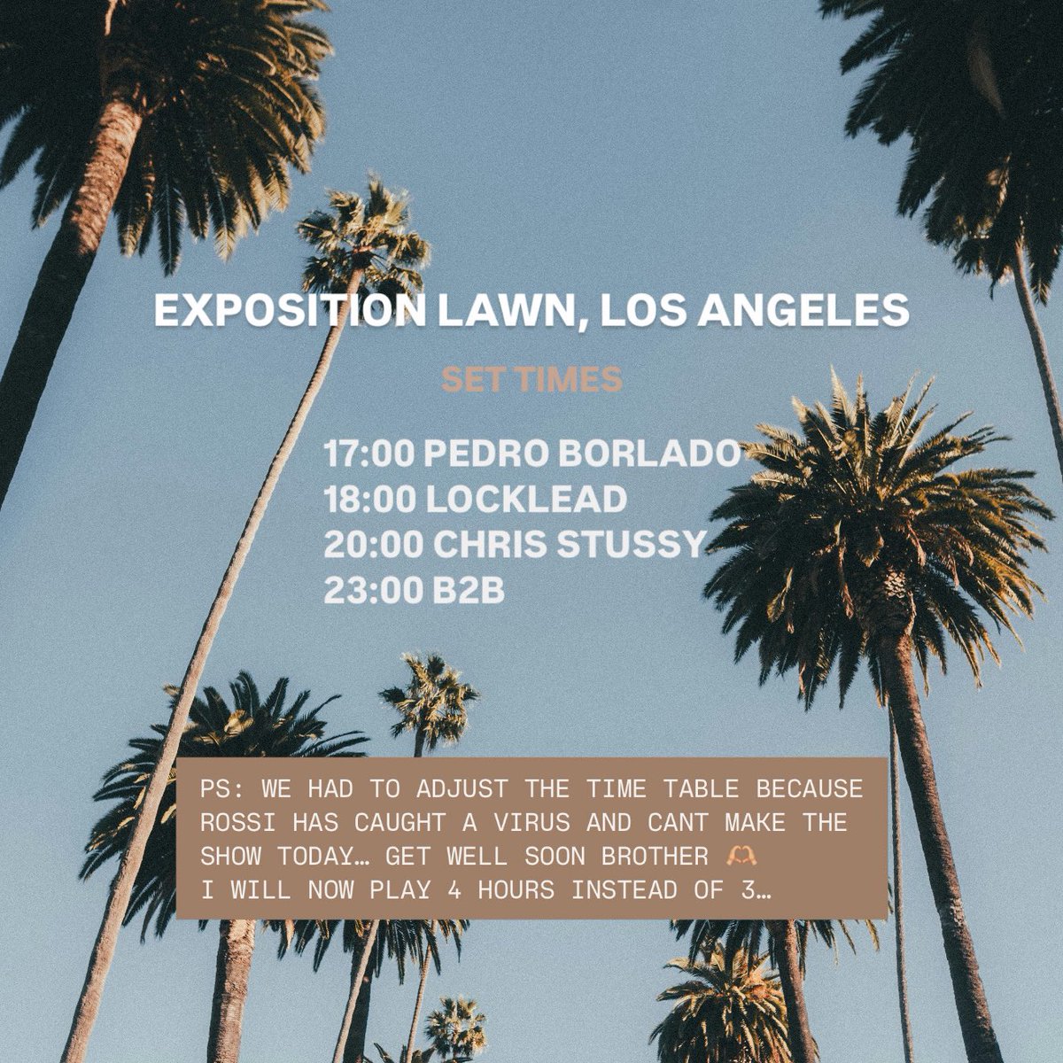 djchrisstussy's tweet image. LA set times for today… and update on Rossi he can’t make it, get well soon brother ♥️