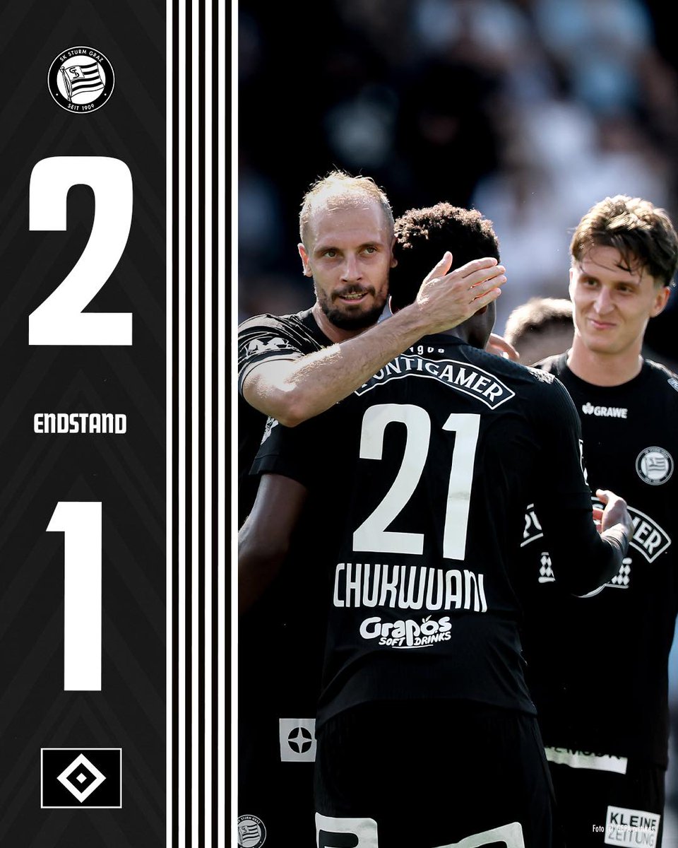 SK Sturm Graz (@sksturm) on Twitter photo Abpfiff! Wir gewinnen gegen den <a href="/HSV/">Hamburger SV</a> hochverdient mit 2:1 und senden gleichzeitig liebe Grüße an die Weser – bis bald, Schwoaze! 🖤💚 #sturmgraz #STUHSV #Friendlies2025
____________
STU 2:1 HSV |⏱️90+2' | SKSturm.TV Abpfiff! Wir gewinnen gegen den <a href="/HSV/">Hamburger SV</a> hochverdient mit 2:1 und senden gleichzeitig liebe Grüße an die Weser – bis bald, Schwoaze! 🖤💚 #sturmgraz #STUHSV #Friendlies2025
____________
STU 2:1 HSV |⏱️90+2' | SKSturm.TV