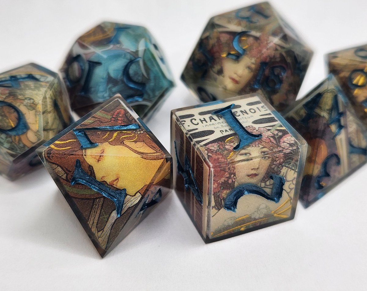 Sinnamon_Dice's tweet image. Art Nouveau Dice Set with Dark Turquoise Numbering
#dnd #ttrpg #handmadedice #dice #dungeonsanddragons