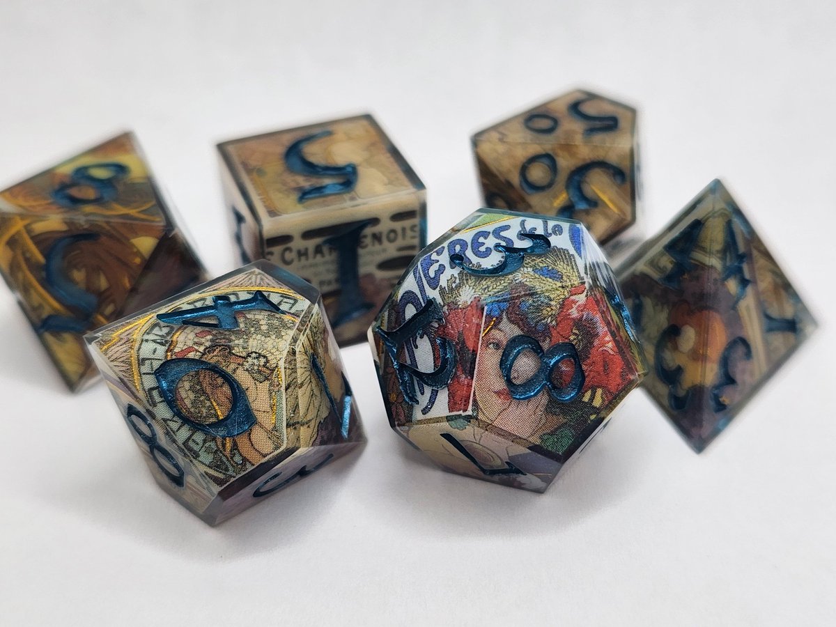 Sinnamon_Dice's tweet image. Art Nouveau Dice Set with Dark Turquoise Numbering
#dnd #ttrpg #handmadedice #dice #dungeonsanddragons