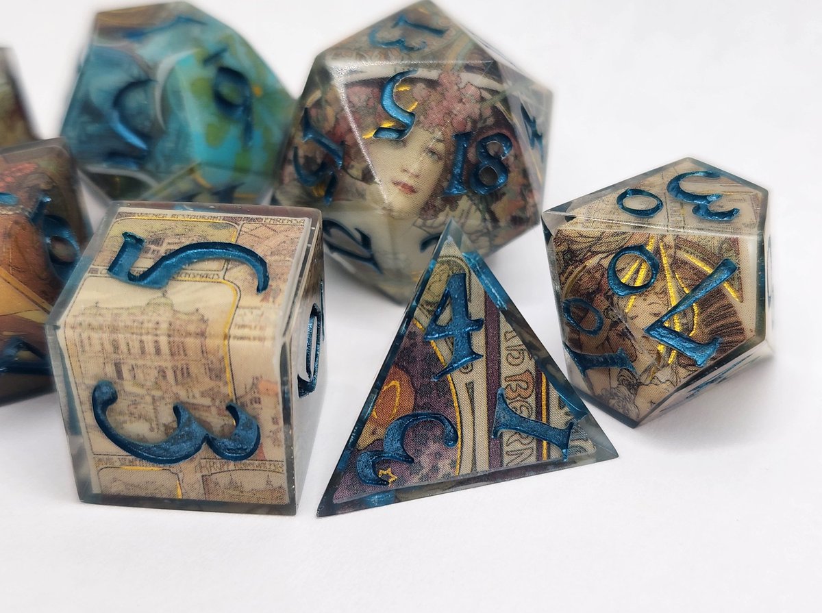 Sinnamon_Dice's tweet image. Art Nouveau Dice Set with Dark Turquoise Numbering
#dnd #ttrpg #handmadedice #dice #dungeonsanddragons