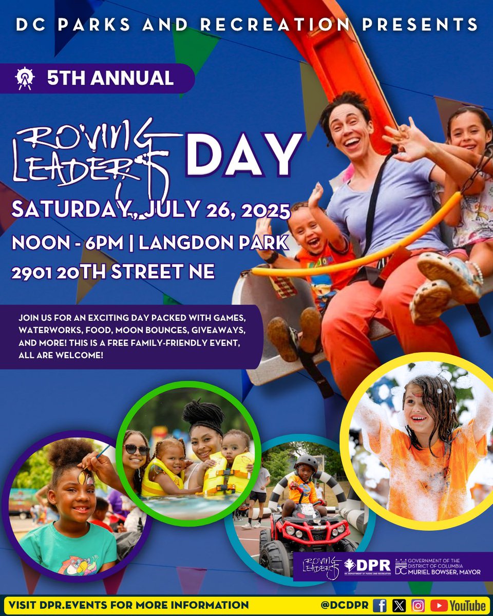 MayorBowser's tweet image. Happening next Saturday: DPR's 5th Annual Roving Leaders Day! 🎡
Get ready for a full day of live music, carnival rides, moon bounces, games, and activities for all ages—the perfect family-friendly way to spend a summer day:
🗓️Sat, July 26
⏰12PM
🌳Langdon Park