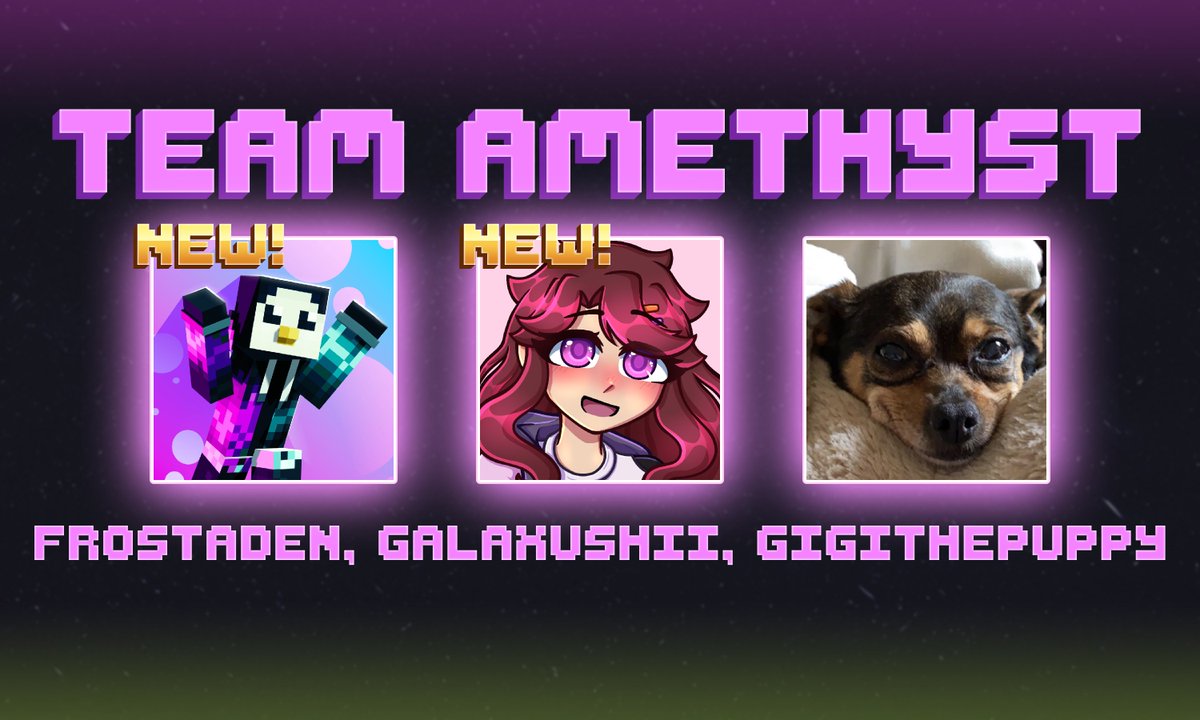 We Make Cool Things (@wmct_) on Twitter photo Say hello to Team Amethyst! Featuring <a href="/frost_aden/">FrostAden</a>, <a href="/galaxushii/">xushii ♡ɞ° 🍓🎀</a>, and <a href="/Gigithepuppy_/">Gigithepuppy</a>! See them play on Saturday, July 26th, at 3 PM EST. Say hello to Team Amethyst! Featuring <a href="/frost_aden/">FrostAden</a>, <a href="/galaxushii/">xushii ♡ɞ° 🍓🎀</a>, and <a href="/Gigithepuppy_/">Gigithepuppy</a>! See them play on Saturday, July 26th, at 3 PM EST.