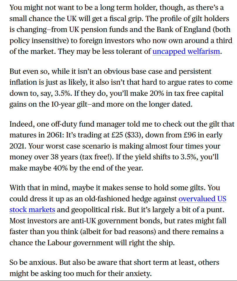 Bloomberg article by Merryn Somerset Webb on gilts entitled:-

"The Ultimate Contrarian Trade: Buy British Bonds"

archive.ph/OVRHJ