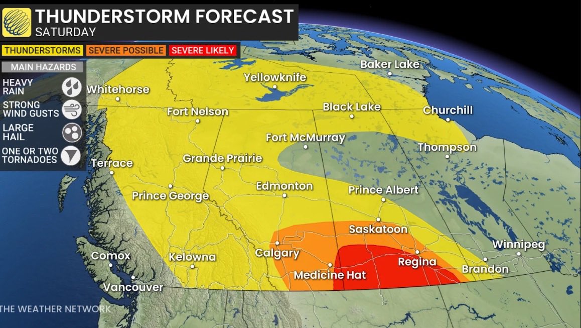 BraydonMoreSo's tweet image. Severe thunderstorm risk continues today across parts of Alberta and Saskatchewan. Large hail, damaging winds, and a few tornadoes appear likely. #skstorm #abstorm