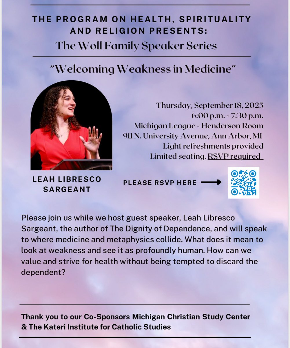 HSRdirector's tweet image. join us on the campus of @UMich in September to hear @LeahLibresco talk about a dignity of dependence. use QR code below to register