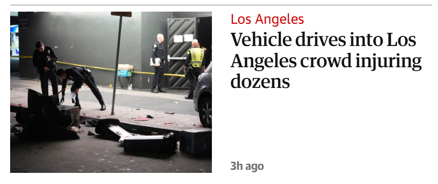 EricEatsPickles's tweet image. "Vehicle drives into Los Angeles crowd"
"Car ploughs into crowd in Los Angeles"
@Guardian & @StandardNews, a driver was involved here. Your reporting - which completely omits any mention of a driver - is a craven & blatant attempt to erase driver agency & absolve them of blame.
