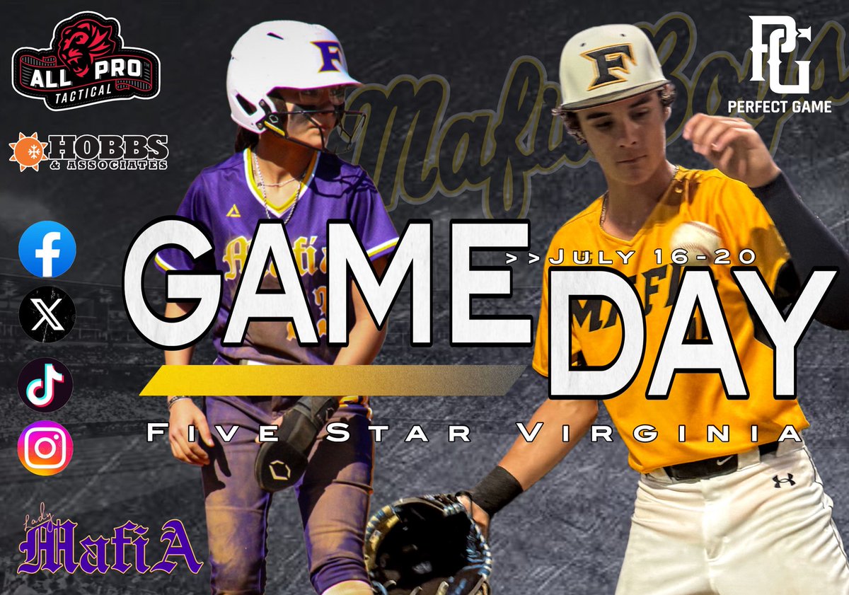 🔥IT'S GAMEDAY!!!🔥High School heavy, Showcase events all across the board as our Youth Teams are wrapped up and hosting tryouts. Good luck players and coaches! #5starnation #mafiaboys #ladymafia 

13u Black: Perfect Game NC
13u Gold: Off
13u Lady Mafia: Peninsula Qualifier
14u